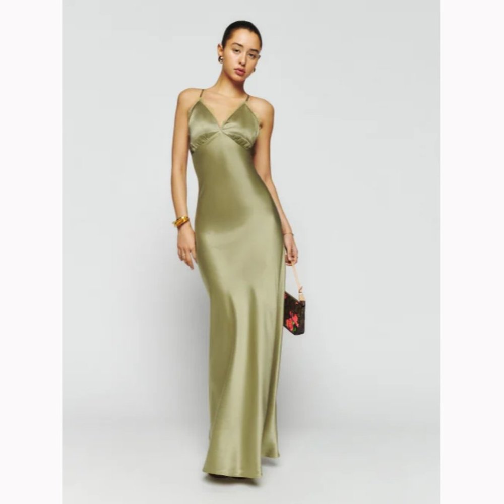 Reformation Maysen Silk Dress in Olive Oil Green Maxi Lace